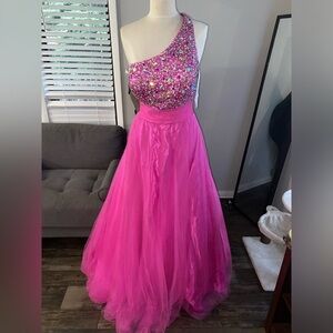 Tiffany Designs Size One Shoulder Sequined Hot Pink Ball Gown
